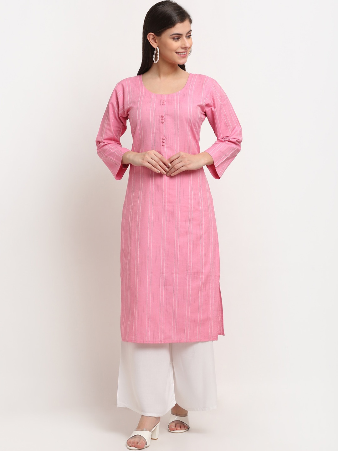 

GRACIT Women Pink Striped Regular Pure Cotton Kurti with Palazzos