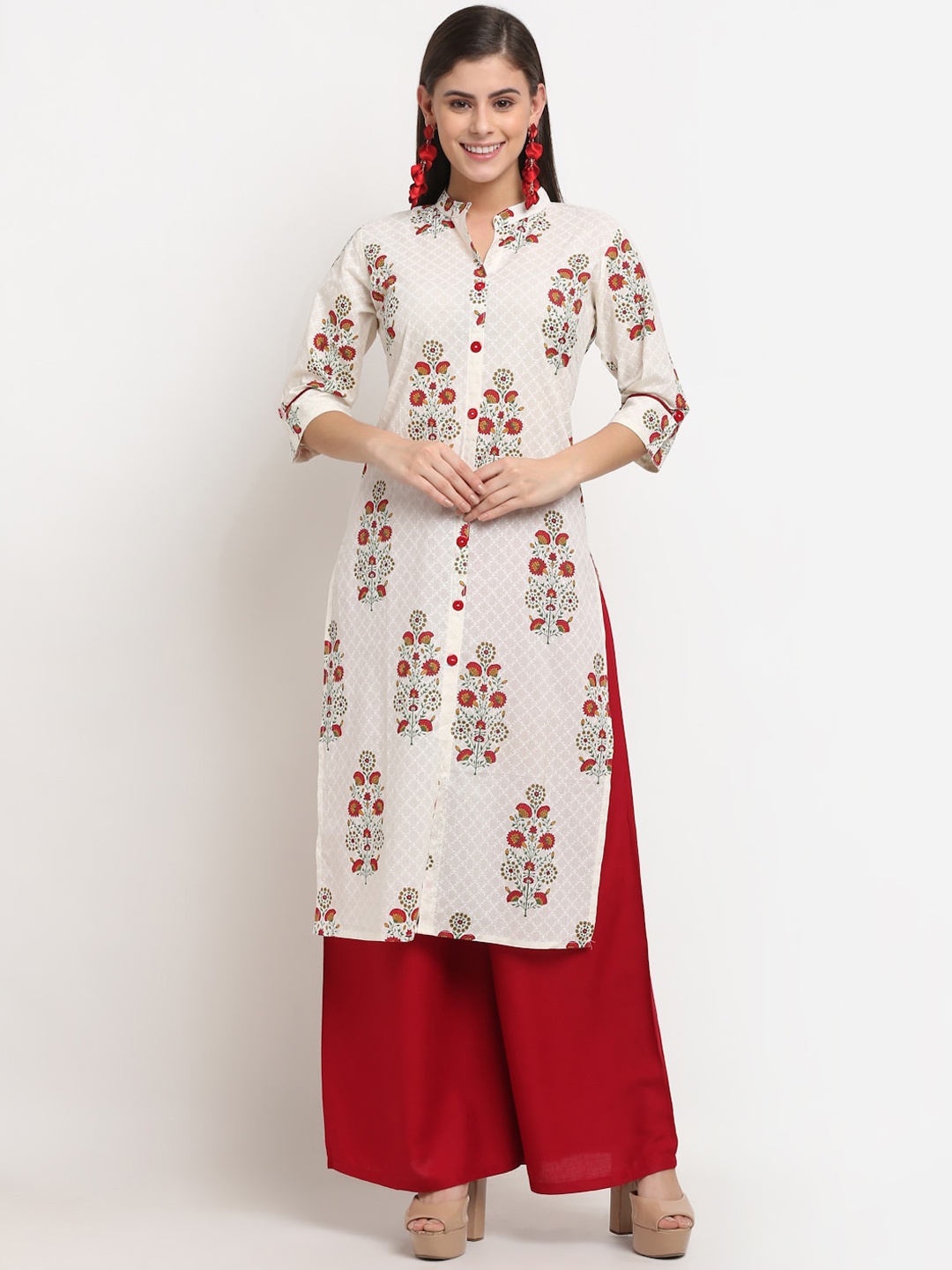 

GRACIT Women White Ethnic Motifs Printed Regular Pure Cotton Kurta with Palazzos