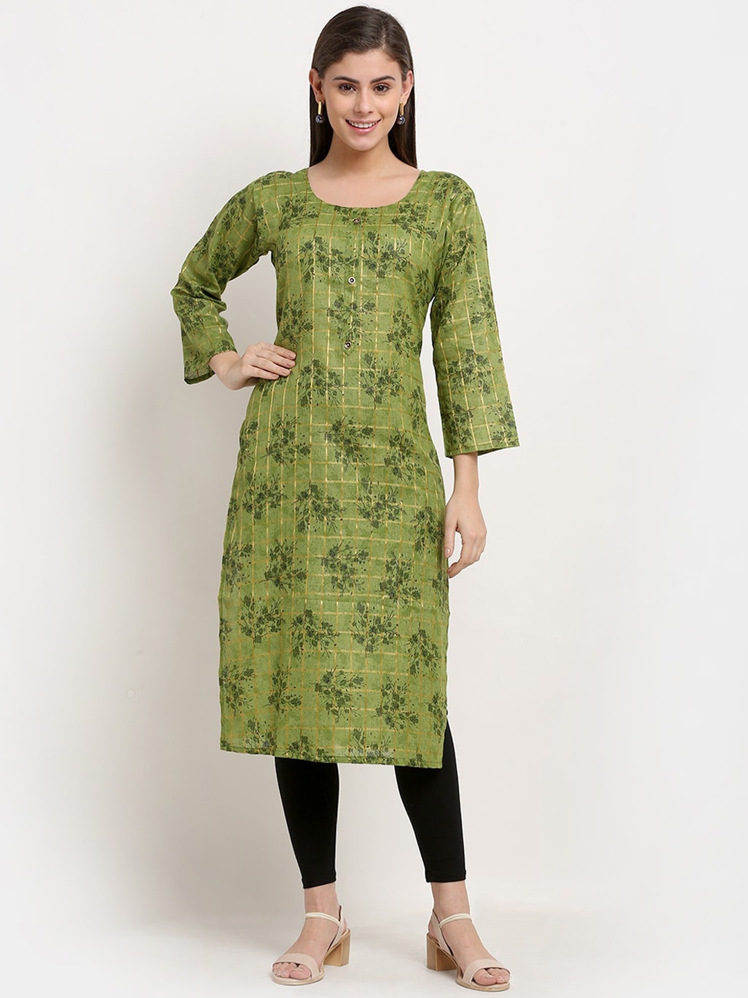 

GRACIT Women Green Floral Printed Regular Pure Cotton Kurti with Churidar