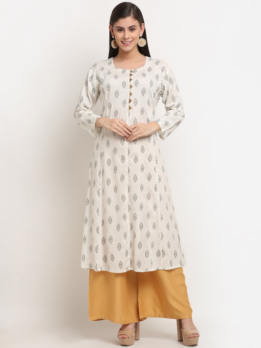 

GRACIT Women Off White Ethnic Motifs Printed Panelled Kurta with Palazzos