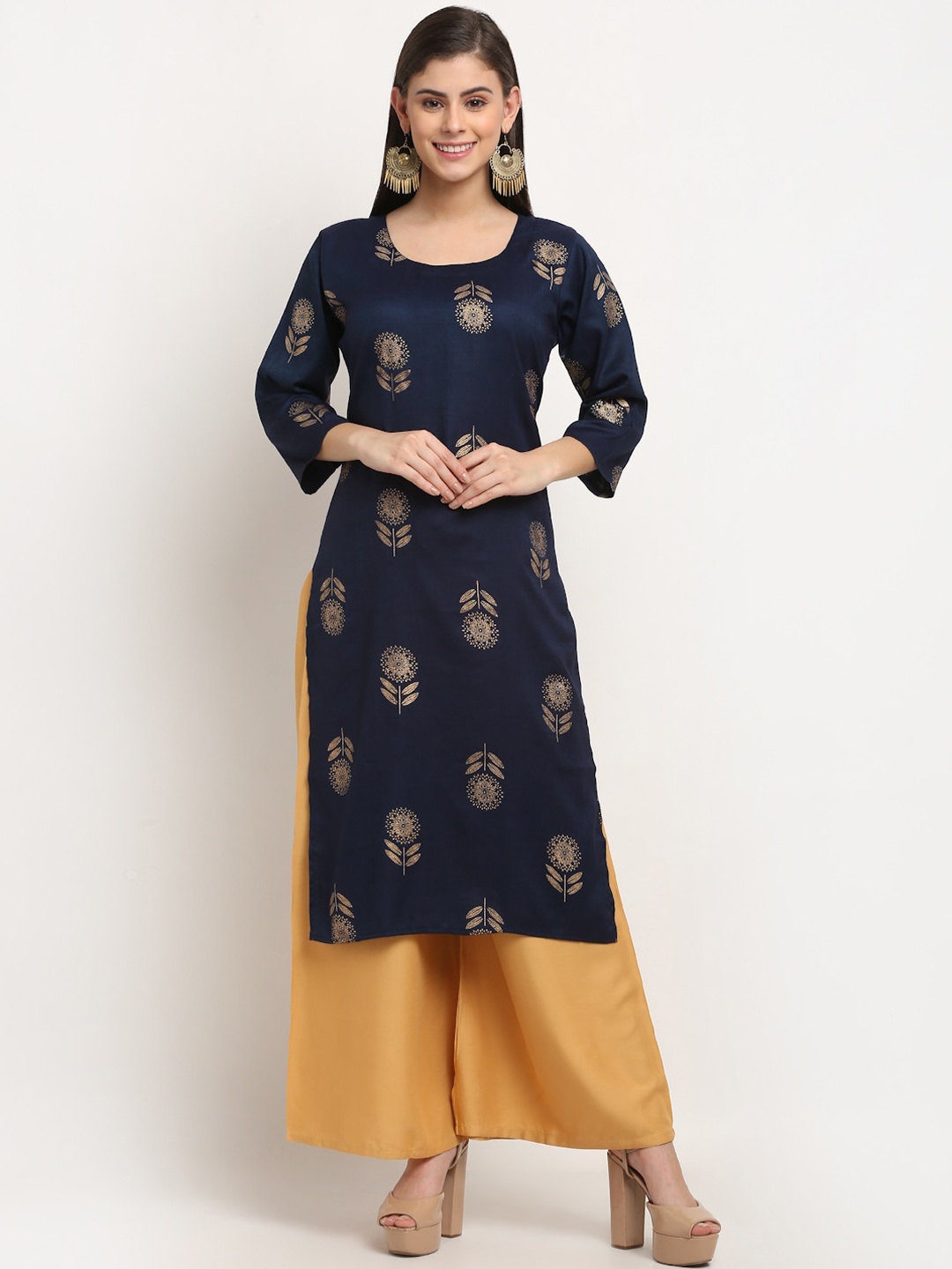 

GRACIT Women Navy Blue Ethnic Motifs Printed Regular Kurta with Palazzos