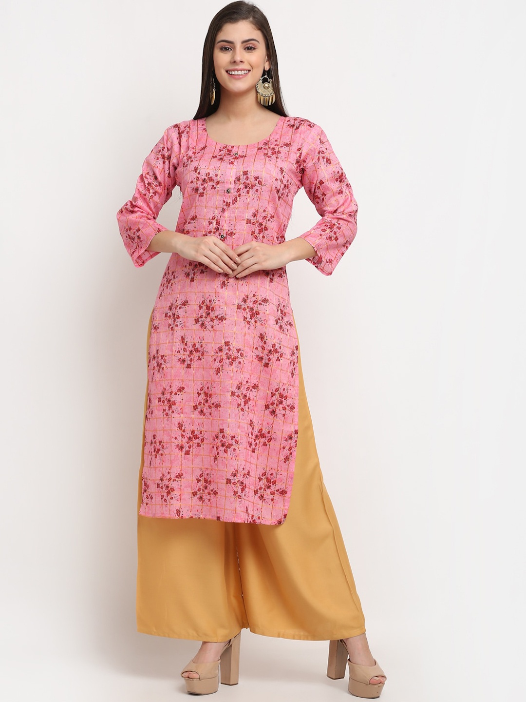 

GRACIT Women Pink Floral Printed Regular Pure Cotton Kurti with Palazzos