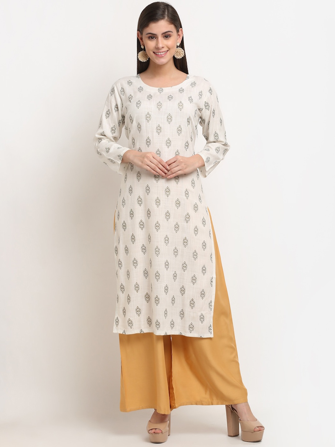 

GRACIT Women Off White Ethnic Motifs Printed Regular Pure Cotton Kurta with Palazzos