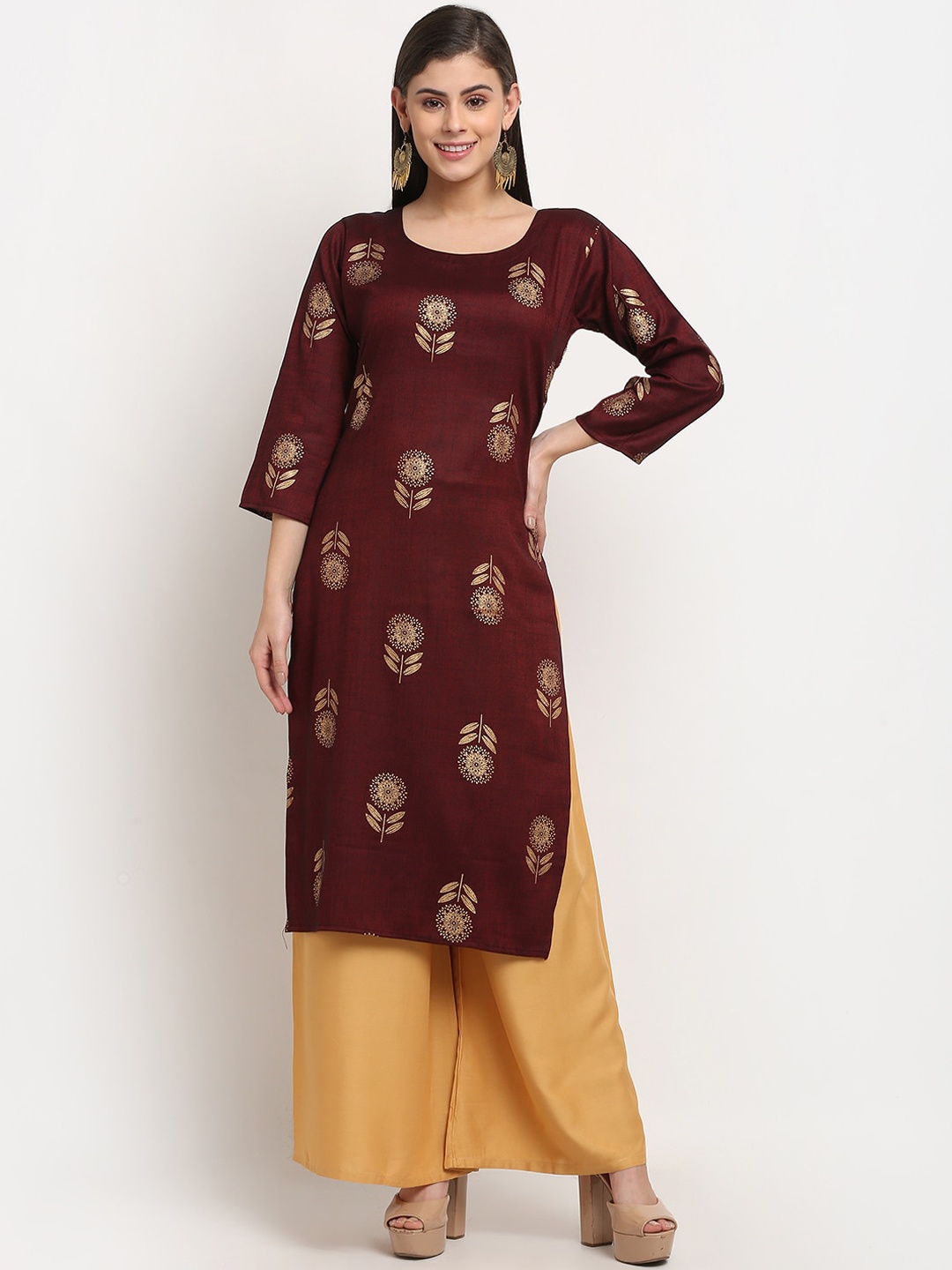 

GRACIT Women Maroon Ethnic Motifs Printed Regular Kurta with Palazzos