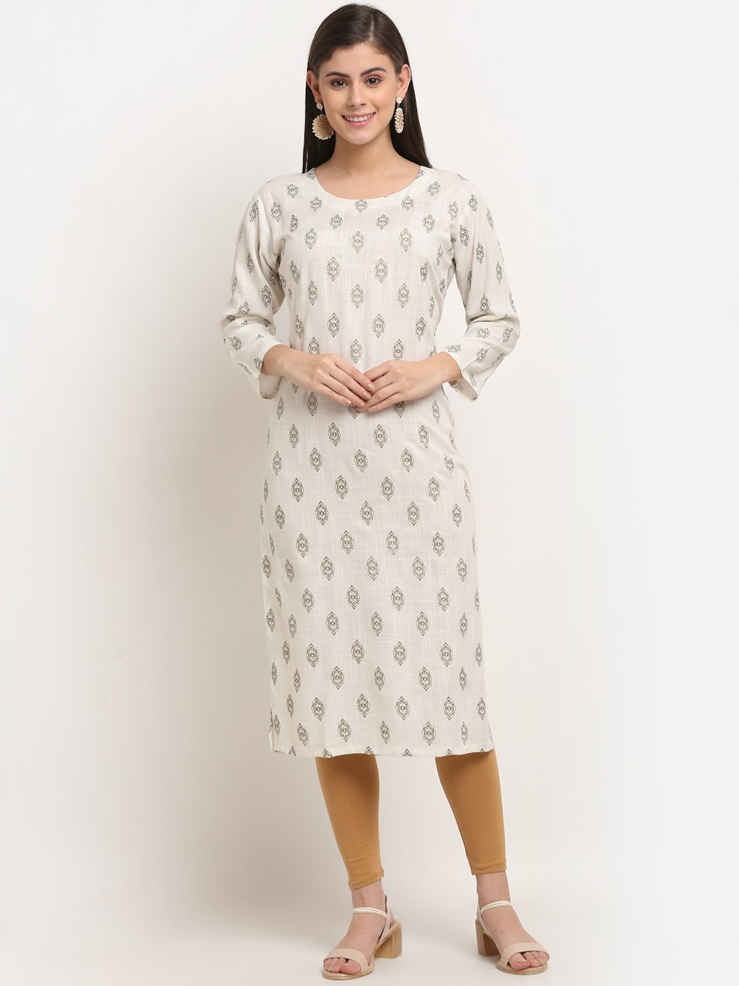 

GRACIT Women Off White Ethnic Motifs Printed Regular Pure Cotton Kurta with Churidar