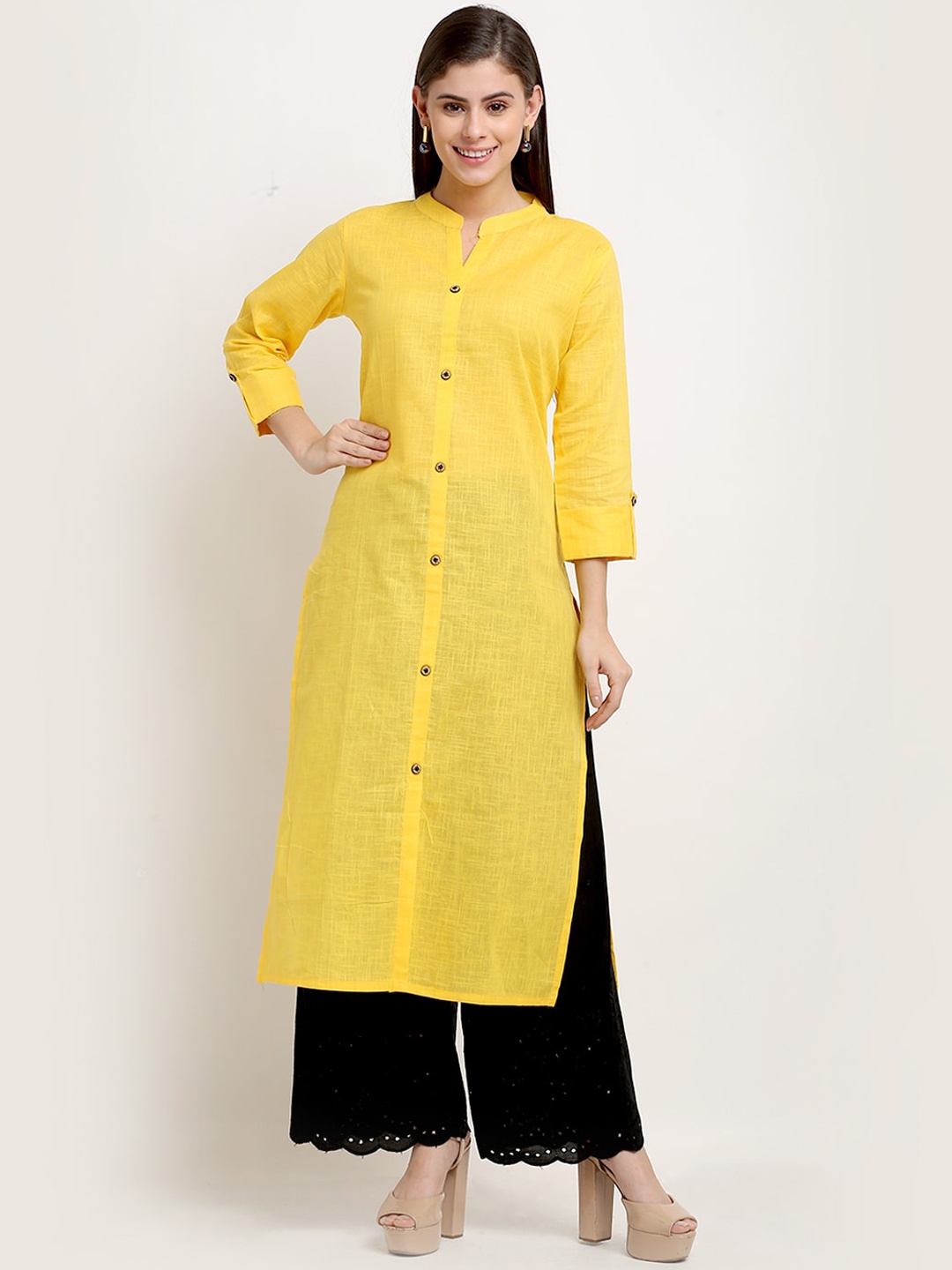 

GRACIT Women Yellow Striped Regular Pure Cotton Kurti with Palazzos