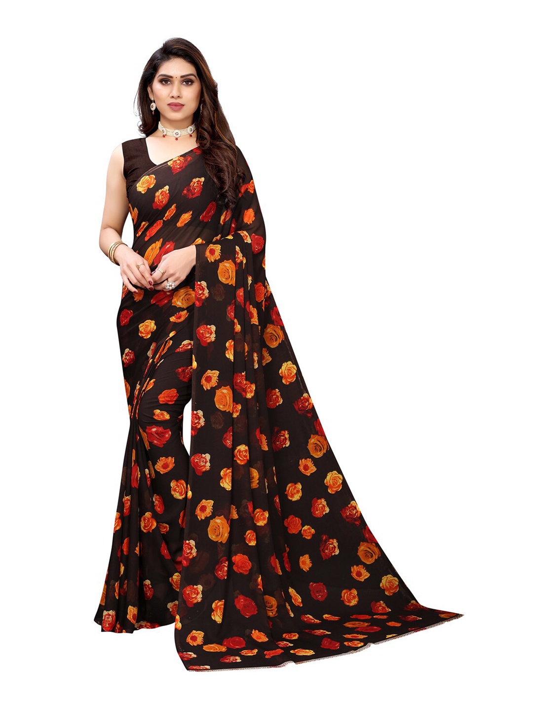 

KALINI Brown & Yellow Floral Printed Saree