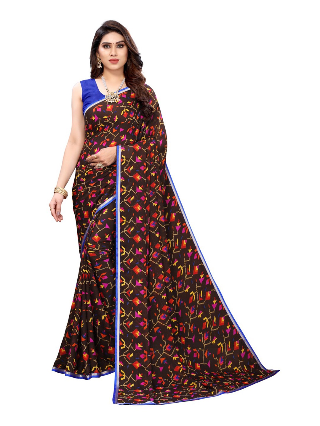 

KALINI Brown & Red Floral Printed Pure Georgette Saree