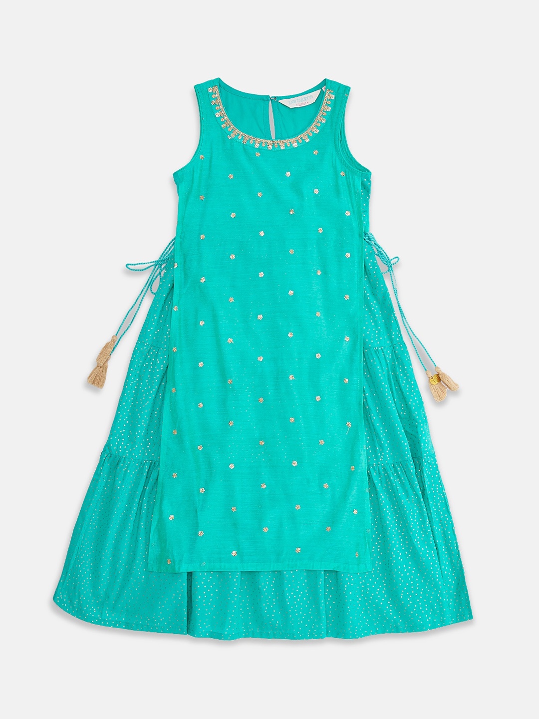 

AKKRITI BY PANTALOONS Teal Embellished Layered A-Line Dress