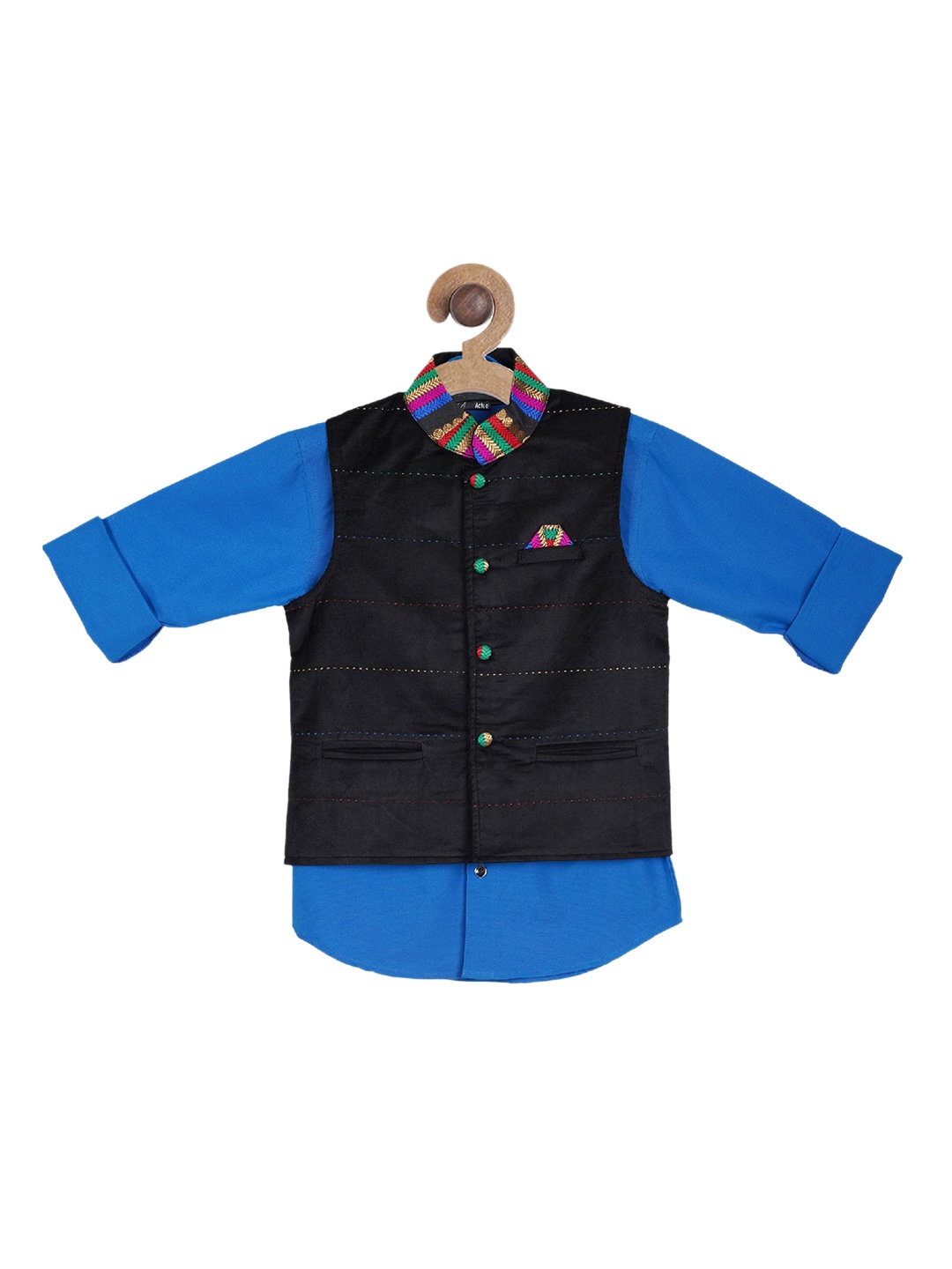 

Actuel Boys Black & Blue Regular Fit Solid Casual Shirt With Nehru Jacket