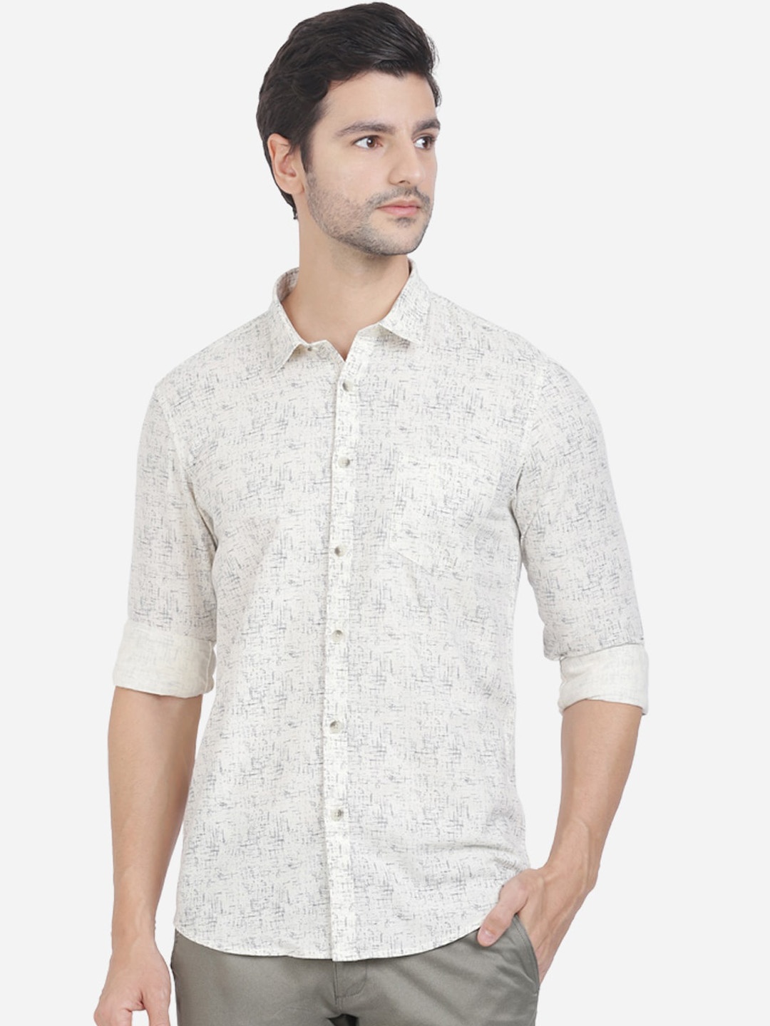 

Crocodile Men Cream-Coloured Slim Fit Opaque Printed Casual Shirt