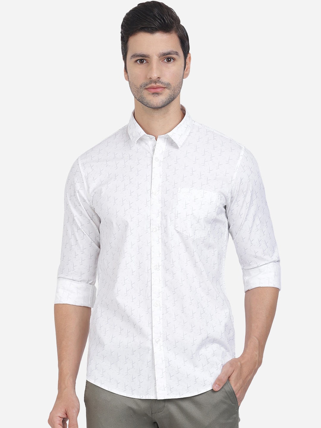 

Crocodile Men White Slim Fit Printed Cotton Casual Shirt
