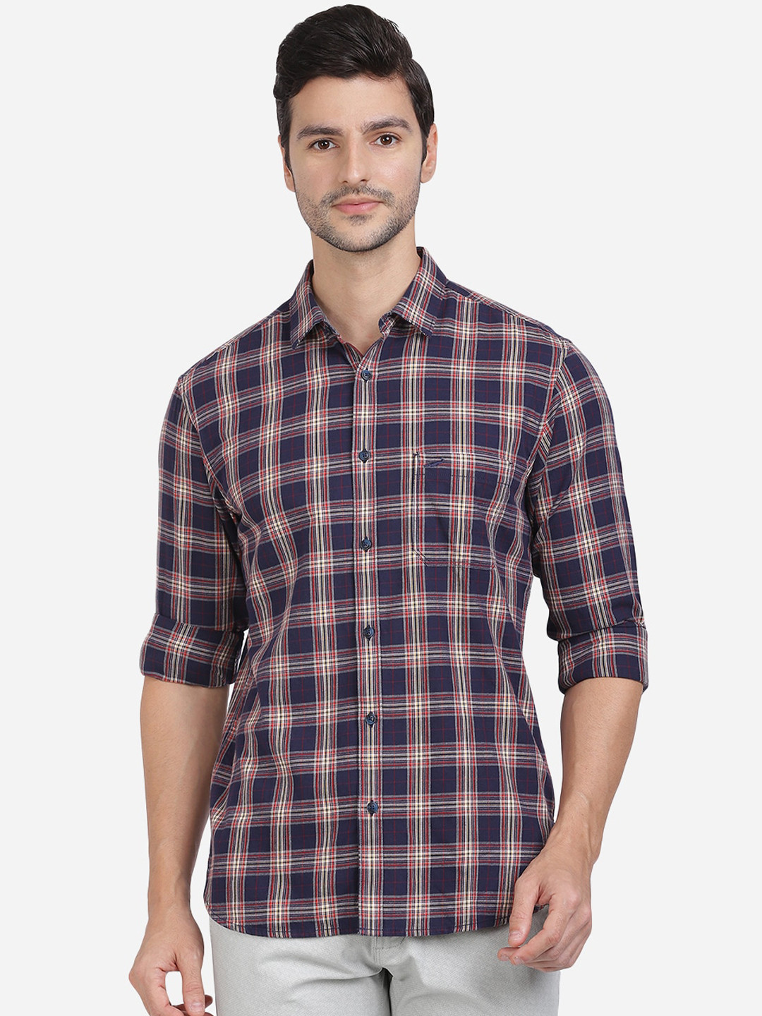 

Crocodile Men Navy Blue Slim Fit Opaque Cotton Checked Casual Shirt