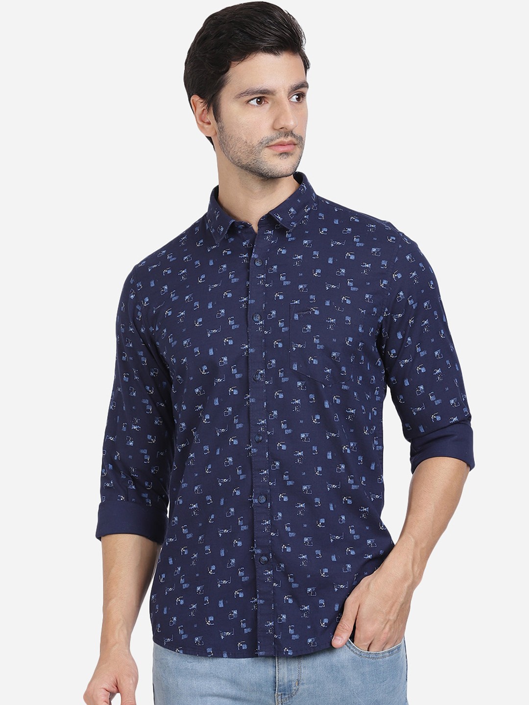 

Crocodile Men Navy Blue Slim Fit Printed Oxford Casual Shirt