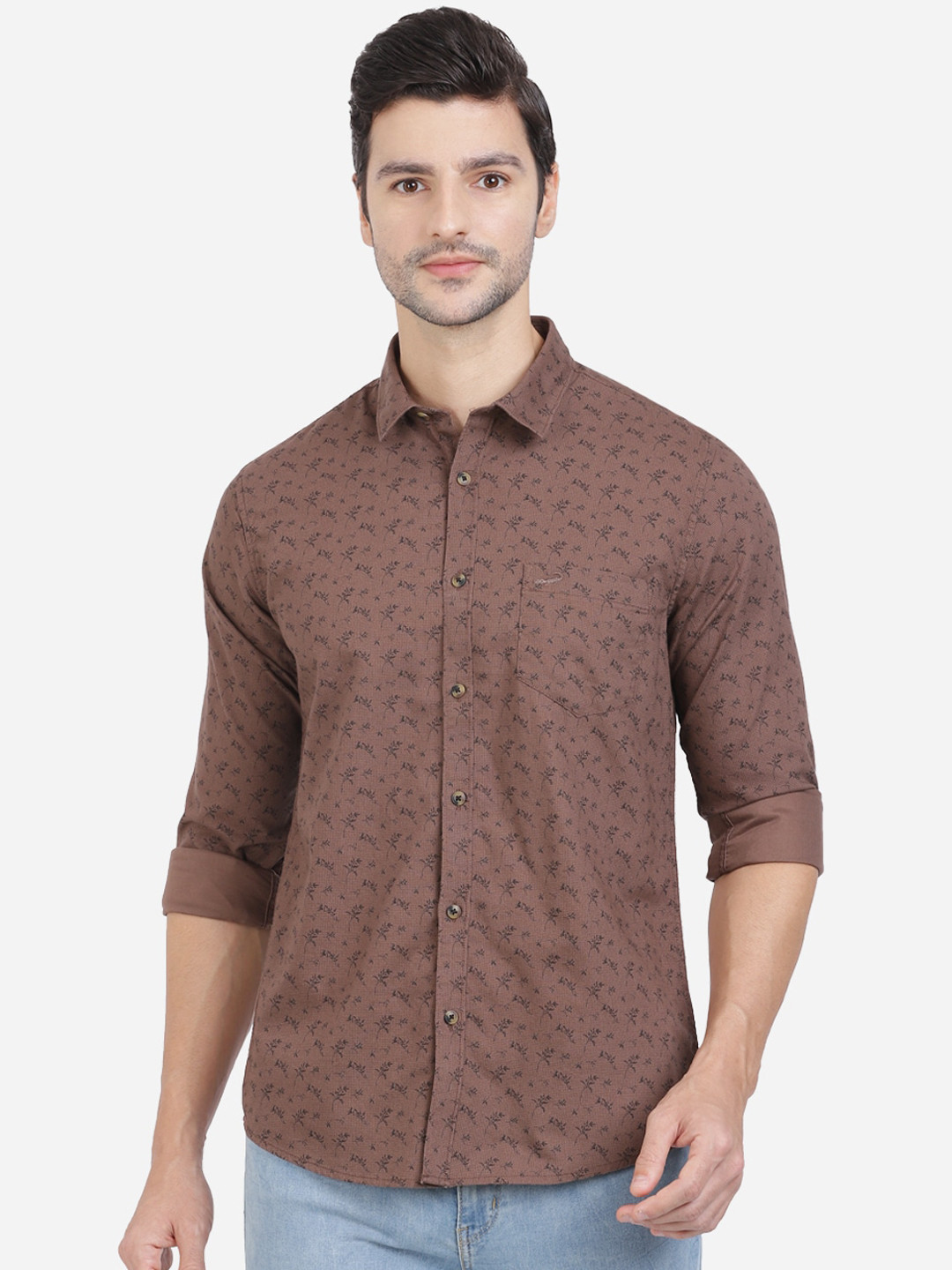 

Crocodile Men Brown Slim Fit Ditsy Floral Printed Oxford Cotton Casual Shirt