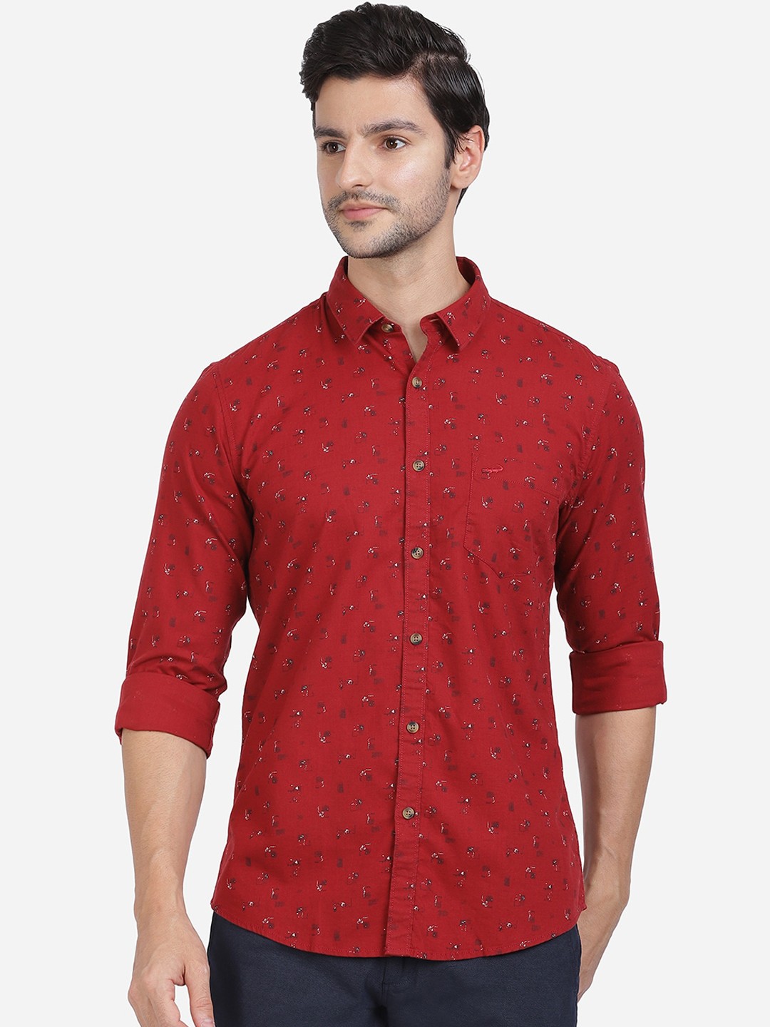 

Crocodile Men Red Slim Fit Printed Oxford Casual Shirt