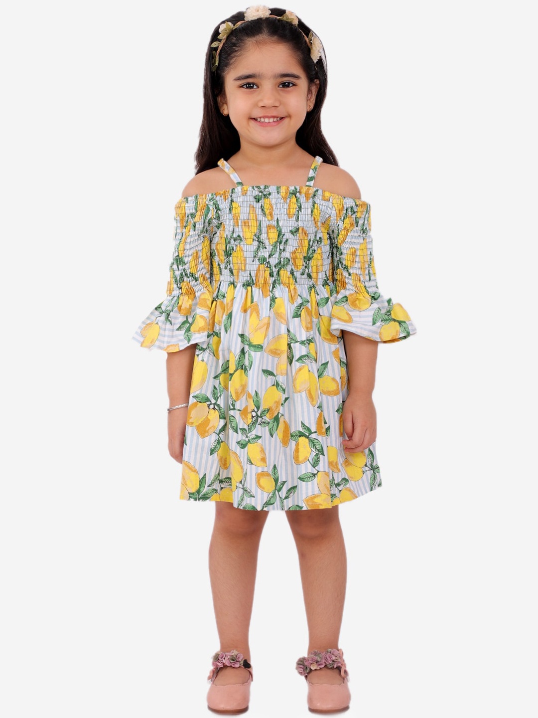 

Fairies Forever Girls White & Yellow Floral Printed Pure Cotton Smocked Dress