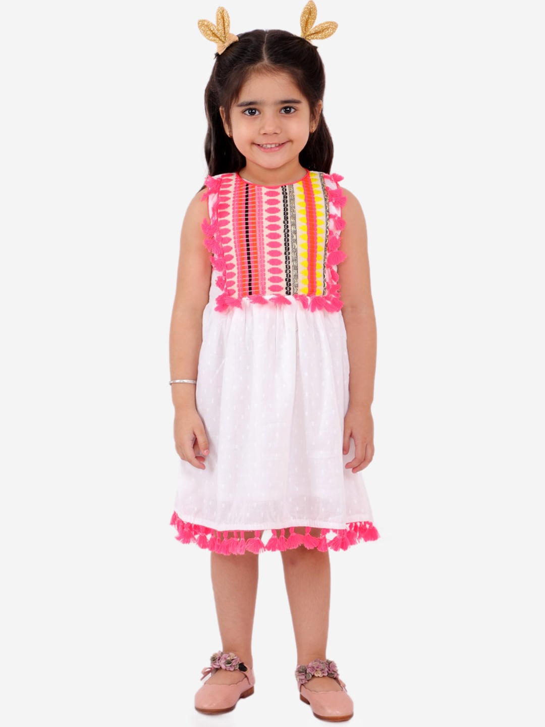 

Fairies Forever Girls White & Yellow Boho Summer Pure Cotton A-Line Dress