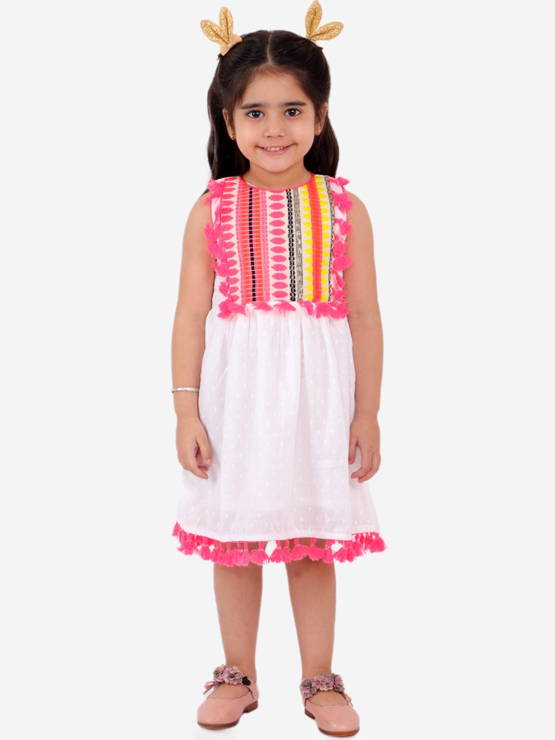 

Fairies Forever White & Pink Self Design Cotton A-Line Dress