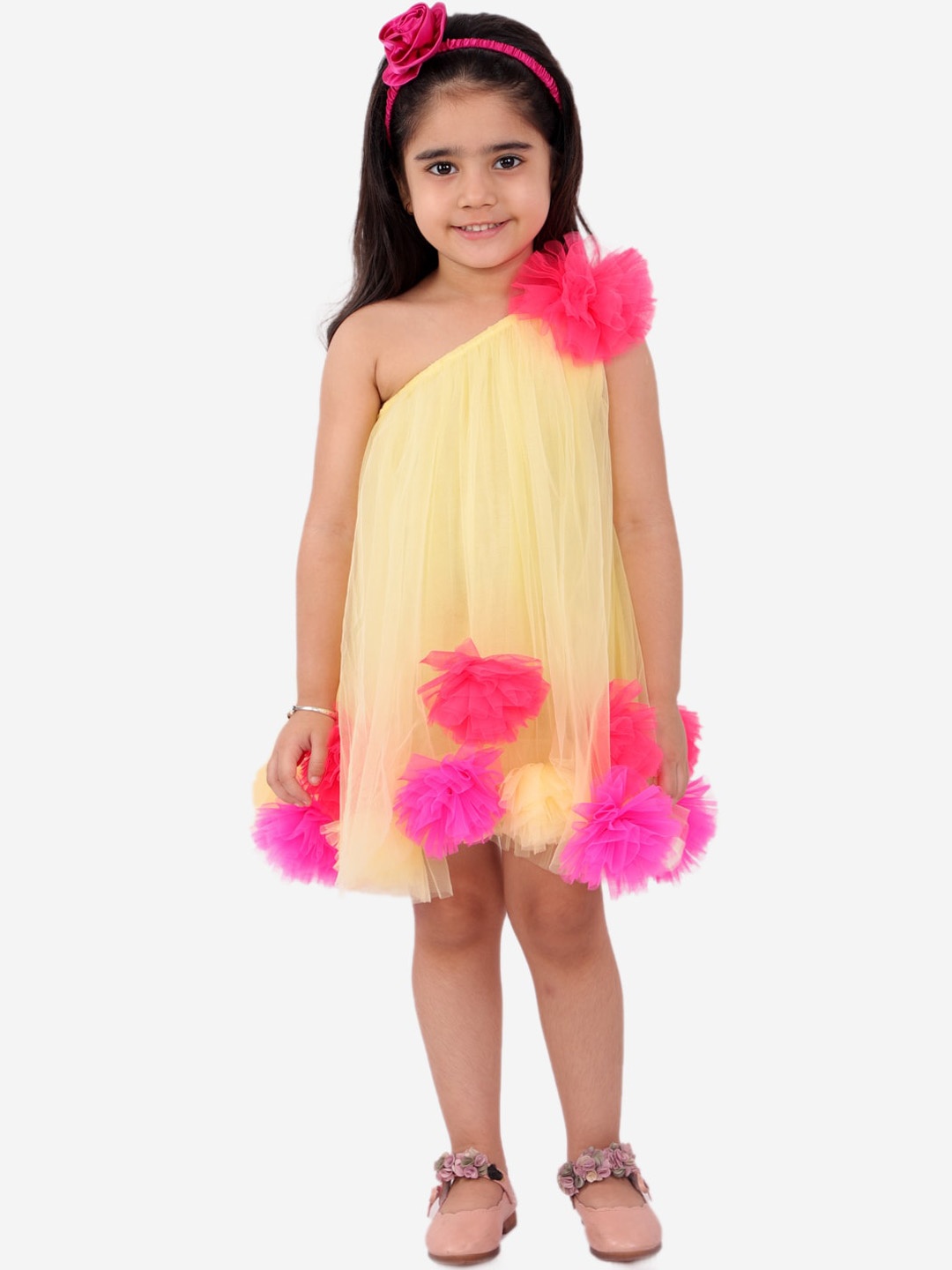 

Fairies Forever Yellow & Red Embellished One Shoulder Net A-Line Dress with Pom Poms