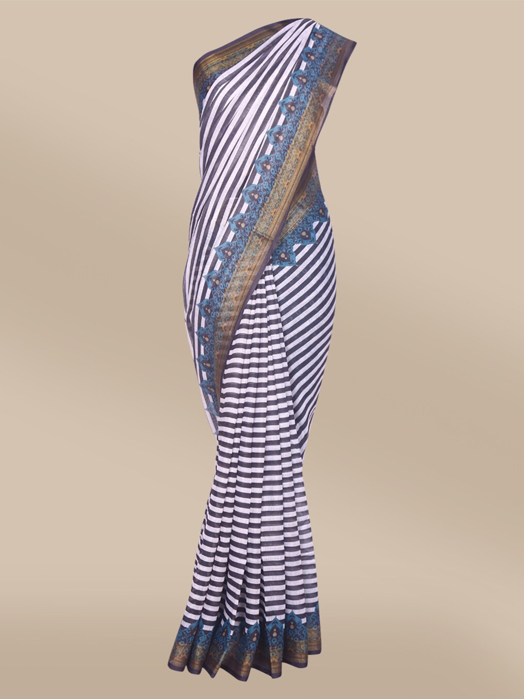 

The Chennai Silks White & Blue Striped Linen Blend Saree