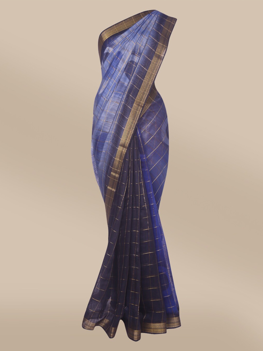 

The Chennai Silks Blue & Gold-Toned Checked Zari Bhagalpuri Saree