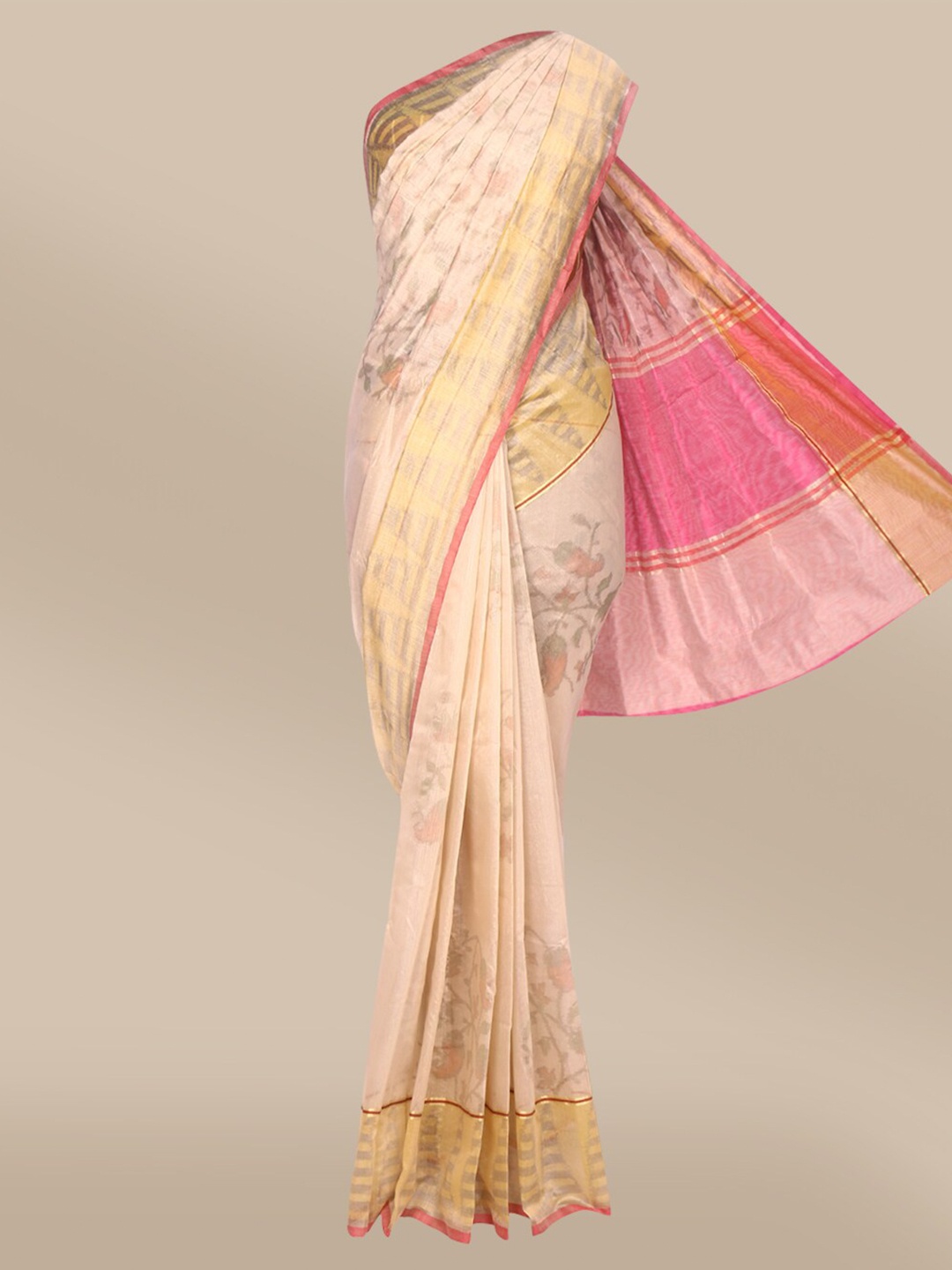 

The Chennai Silks Beige & Yellow Floral Printed Pure Cotton Chanderi Saree