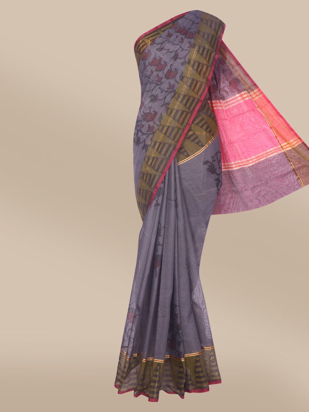 

The Chennai Silks Grey & Pink Floral Printed Pure Cotton Chanderi Saree