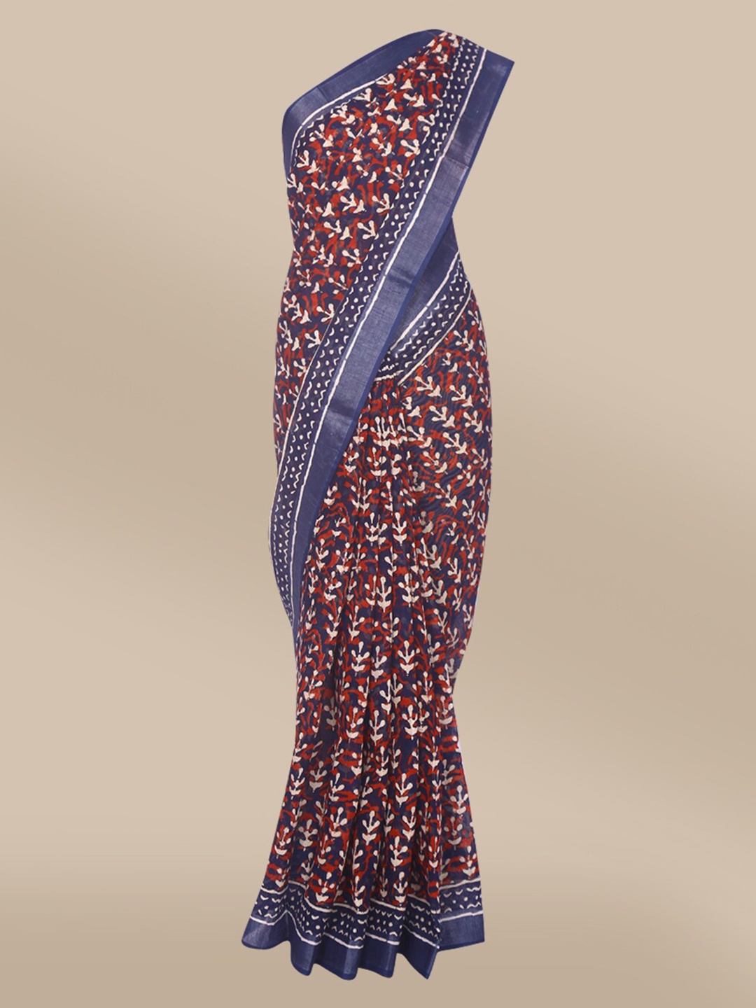 

The Chennai Silks Navy Blue & Cream-Coloured Batik Pure Cotton Saree