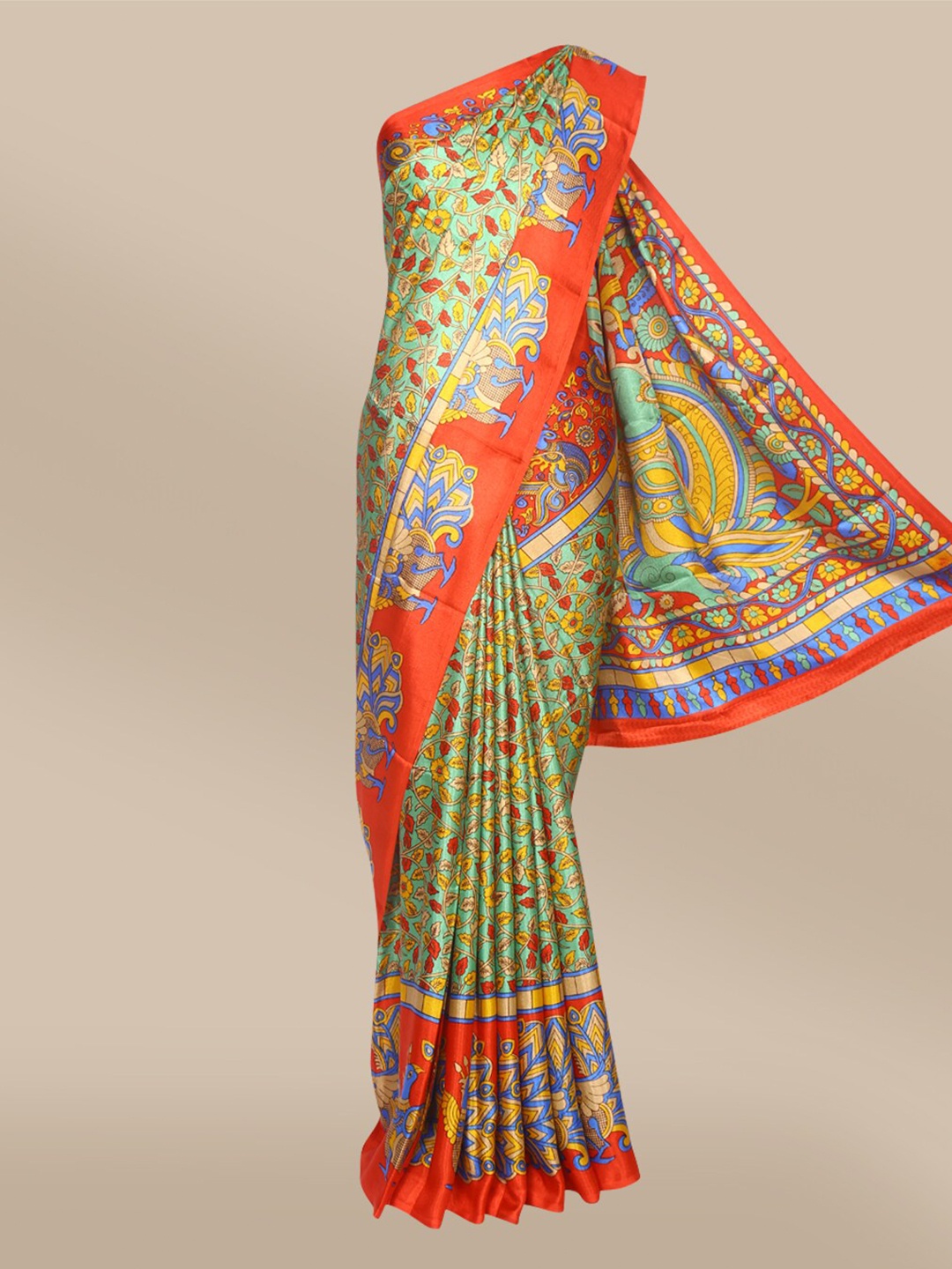 

The Chennai Silks Green & Red Ethnic Motifs Satin Saree