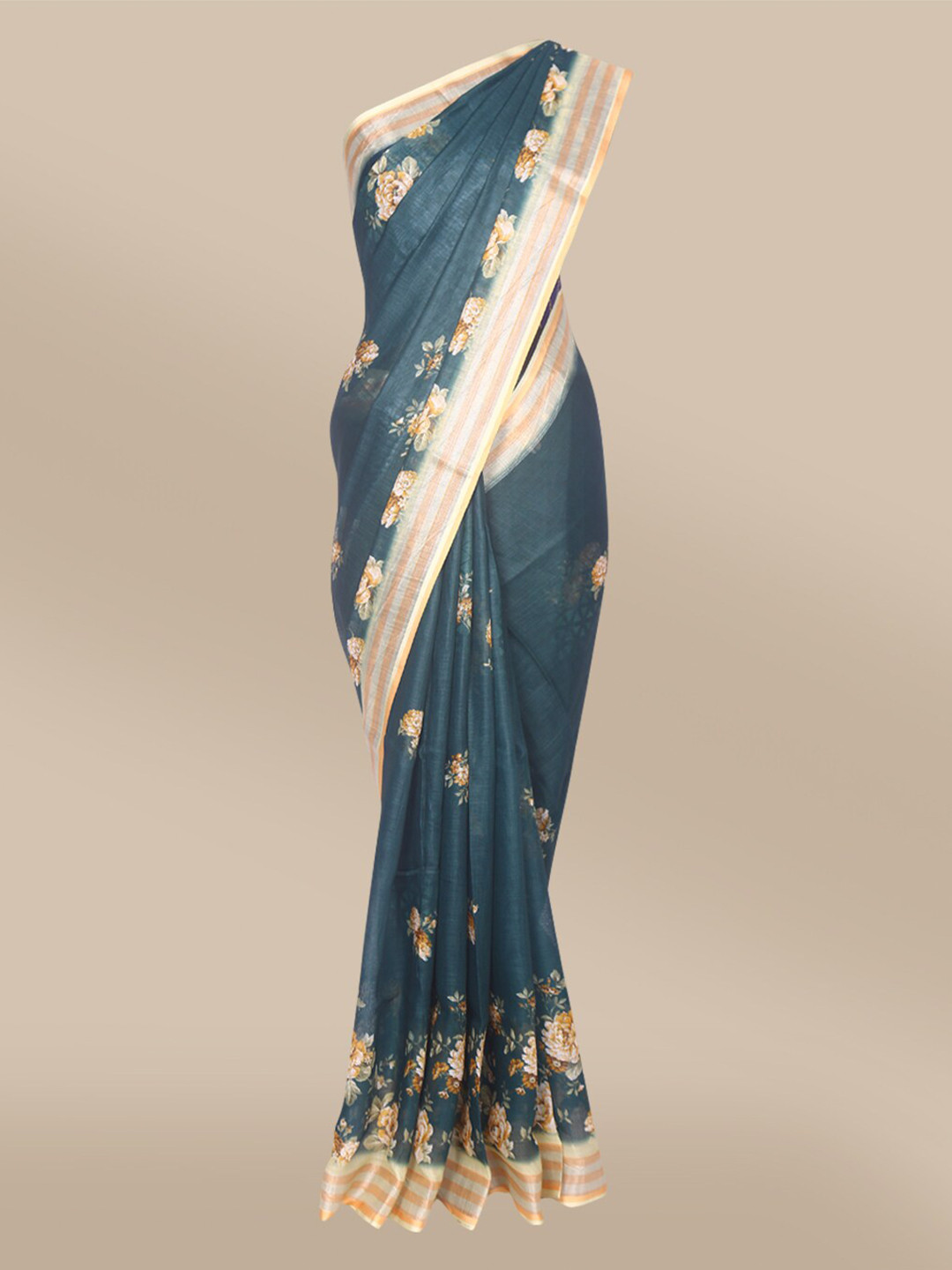 

The Chennai Silks Green Floral Linen Blend Saree