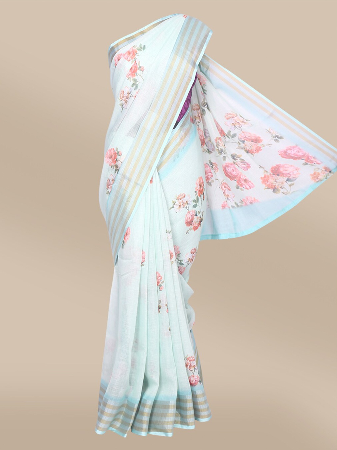 

The Chennai Silks Green & Peach-Coloured Striped Linen Blend Saree