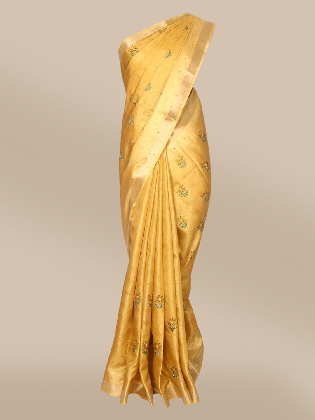 

The Chennai Silks Mustard & Green Floral Embroidered Saree