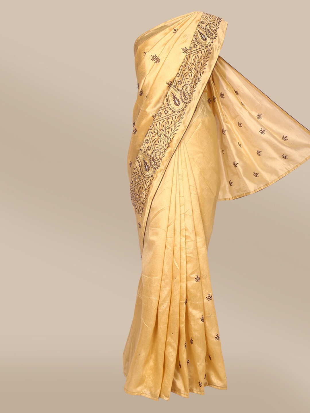 

The Chennai Silks Beige & Brown Floral Embroidered Saree