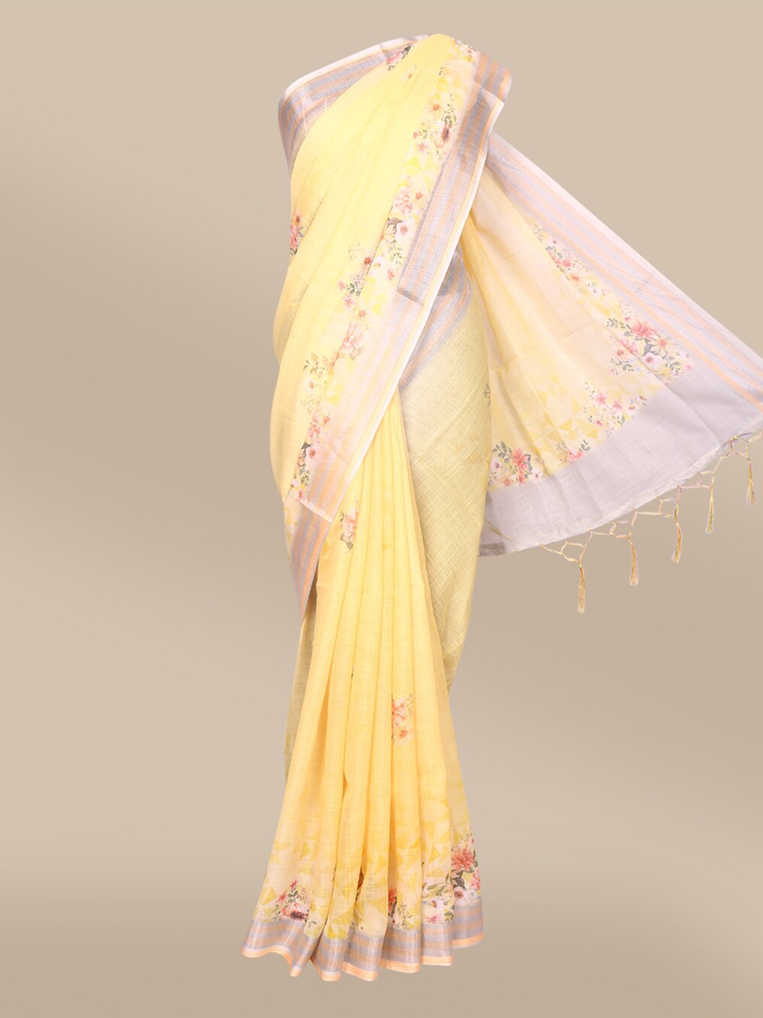 

The Chennai Silks Yellow & White Floral Zari Linen Blend Saree