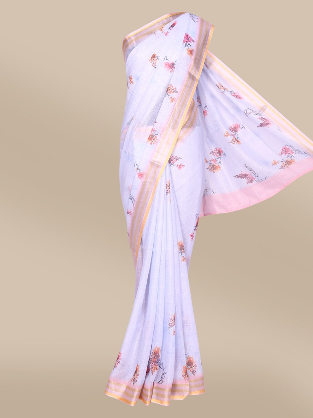

The Chennai Silks Grey & Gold-Toned Floral Zari Linen Blend Saree