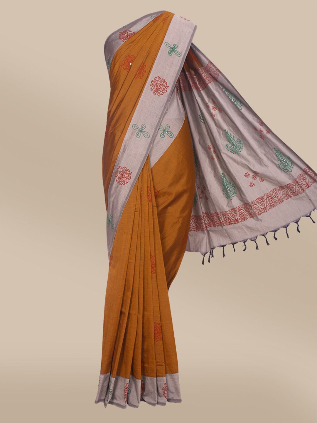 

The Chennai Silks Mustard & Silver-Toned Floral Embroidered Mirror Work Saree