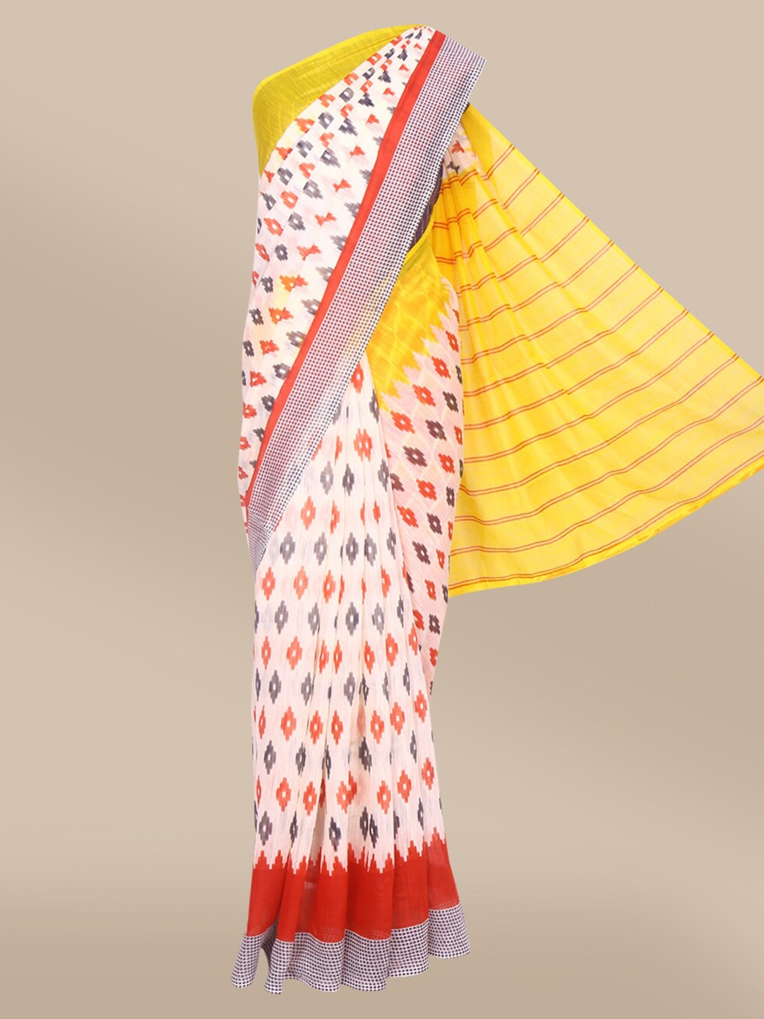 

The Chennai Silks Cream-Coloured & Yellow Linen Blend Saree