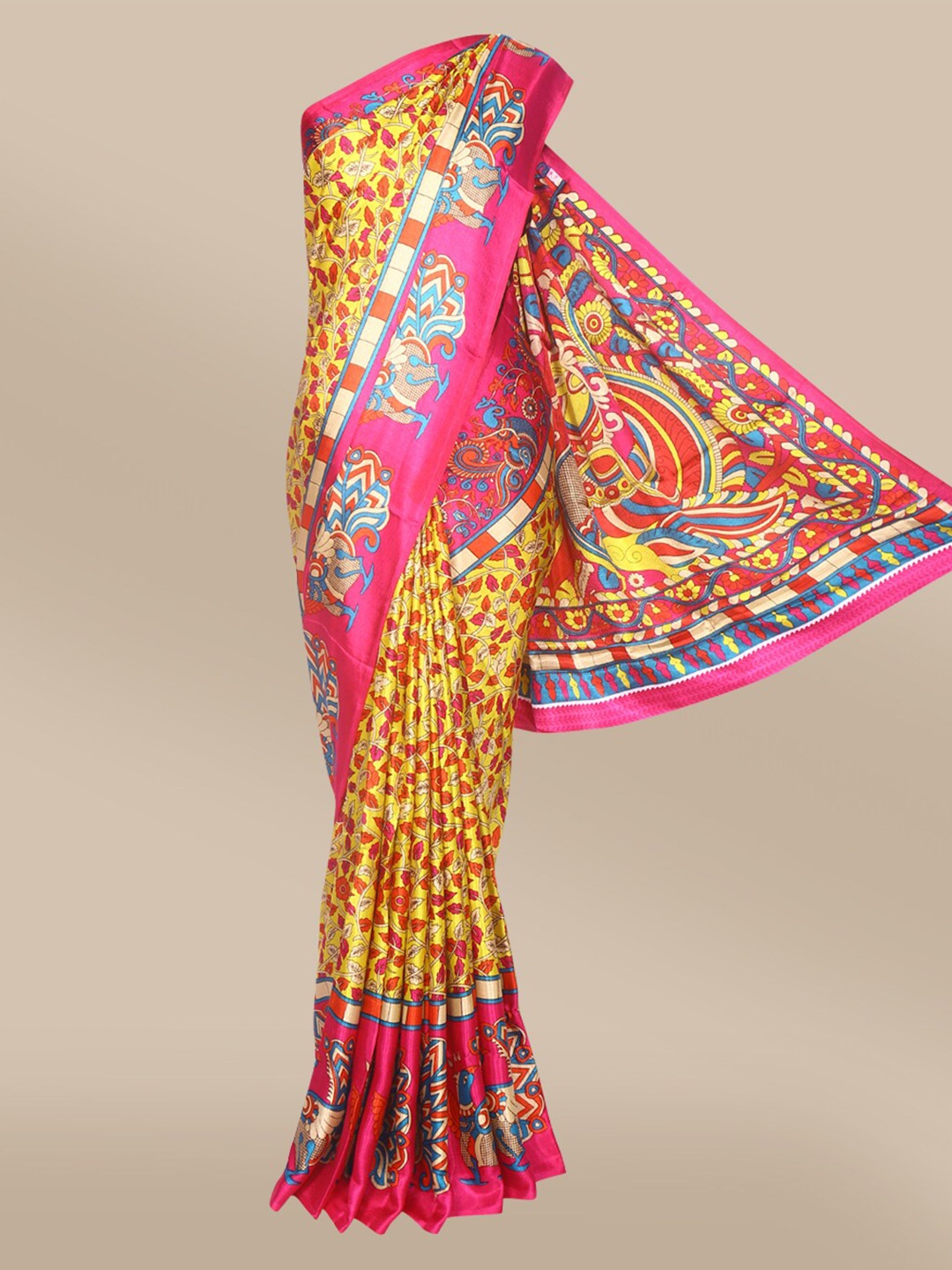 

The Chennai Silks Yellow & Pink Ethnic Motifs Printed Satin Saree