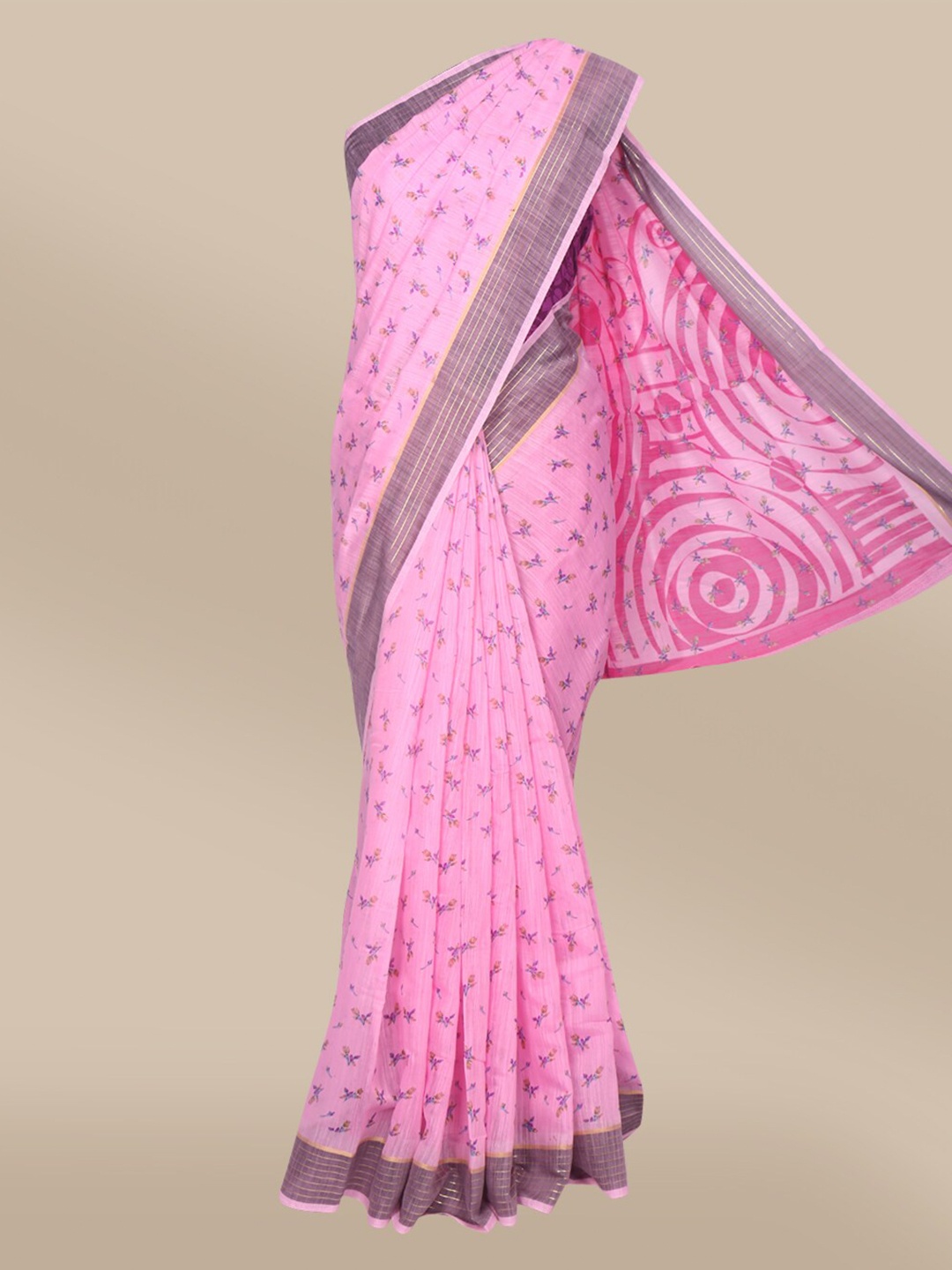 

The Chennai Silks Pink & Blue Floral Printed Zari Saree