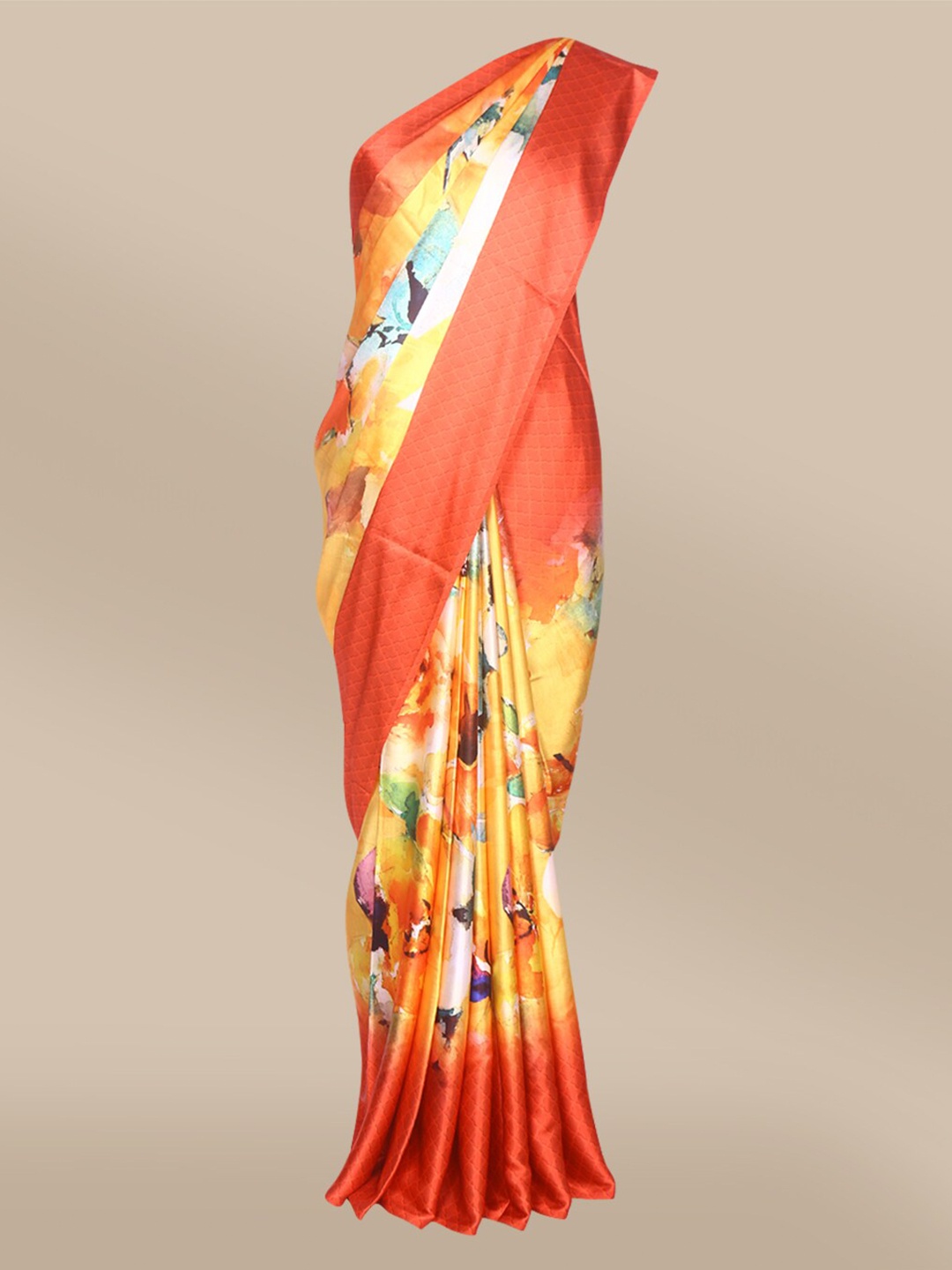 

The Chennai Silks Yellow & Orange Floral Printed Satin Saree
