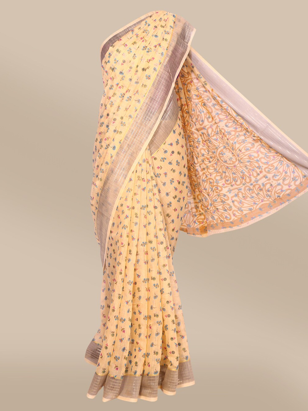

The Chennai Silks Orange & Blue Floral Printed Zari Saree