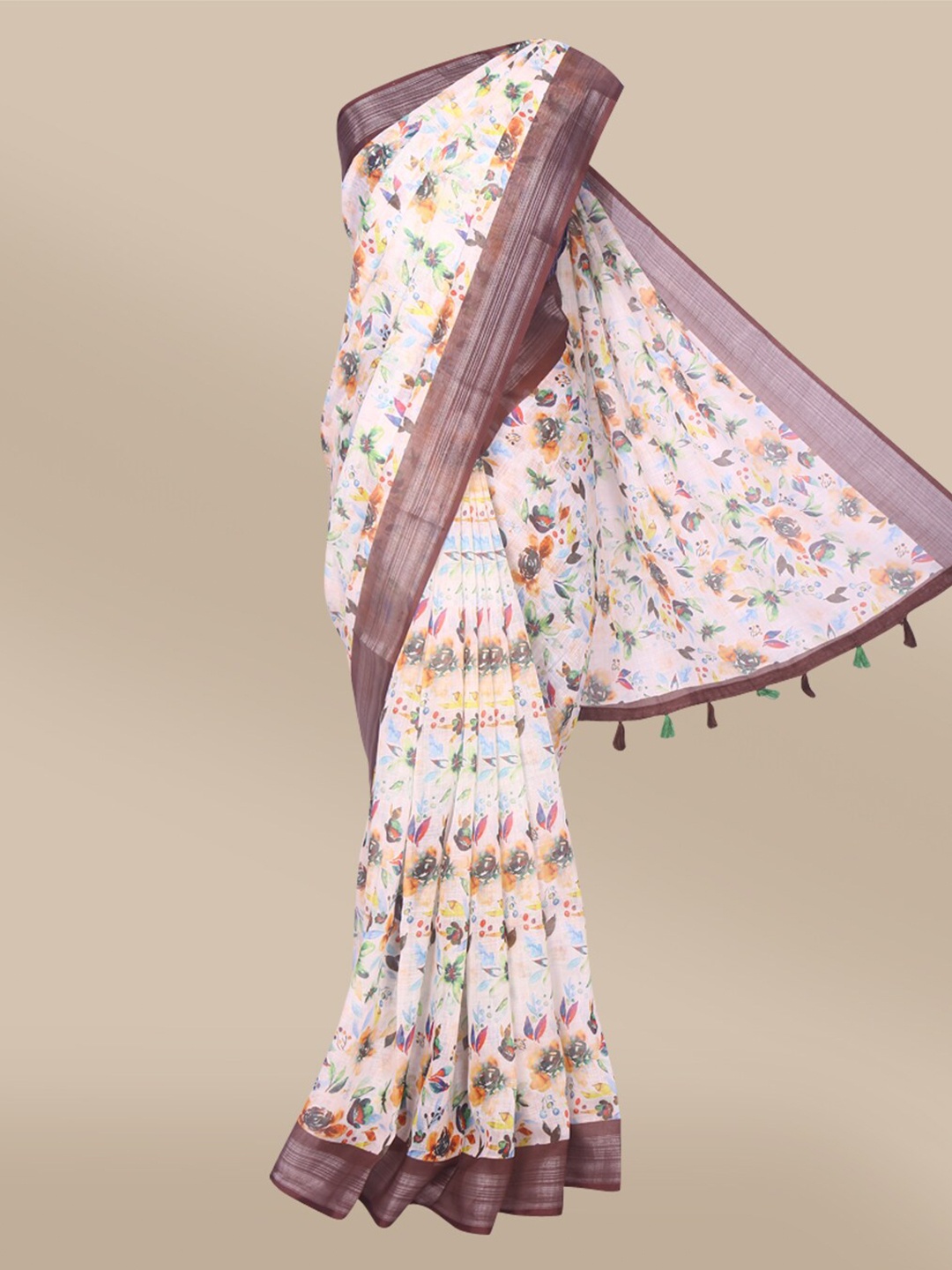 

The Chennai Silks Cream-Coloured & Brown Floral Linen Blend Saree