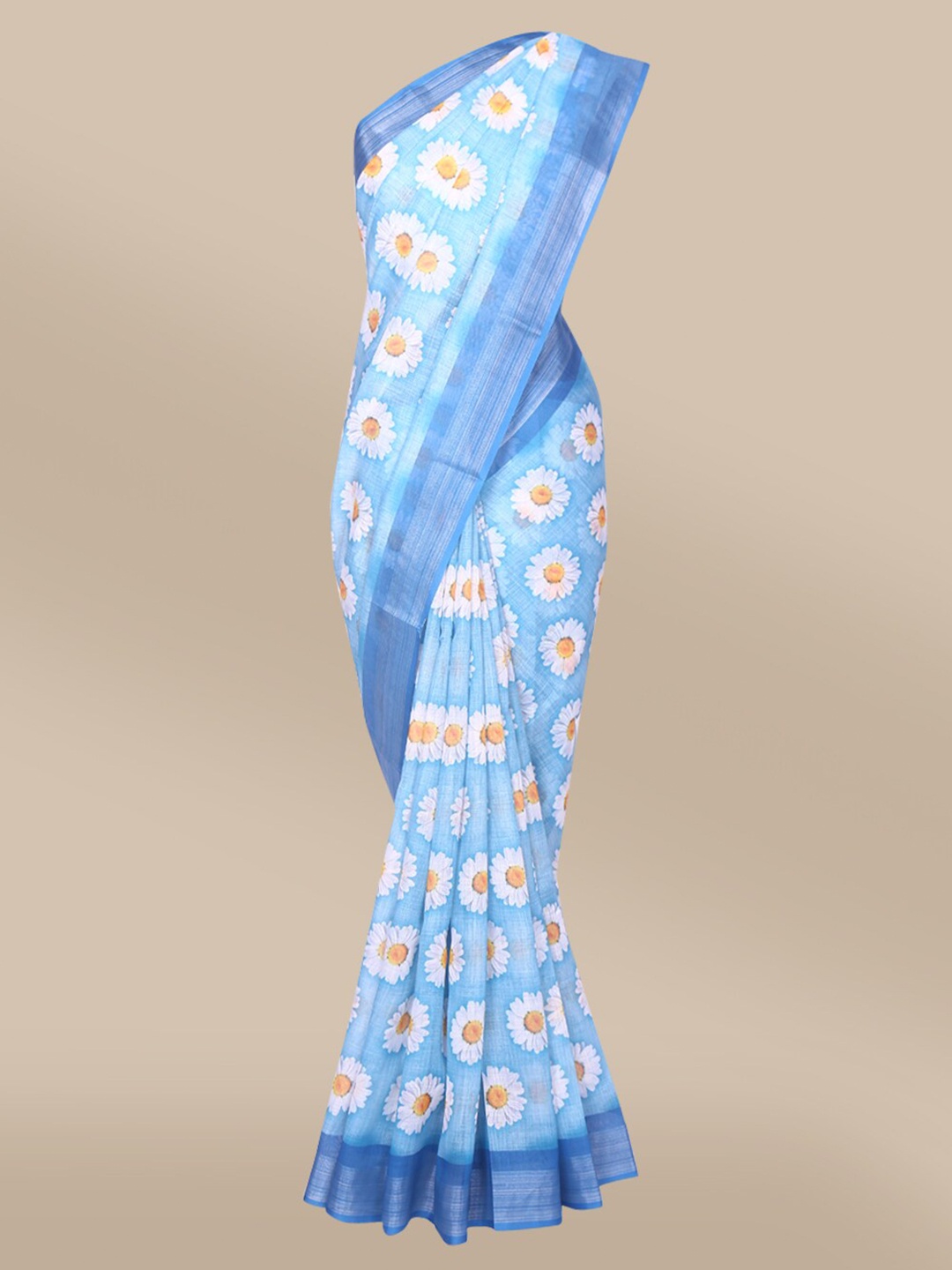 

The Chennai Silks Blue & White Floral Printed Zari Linen Blend Saree