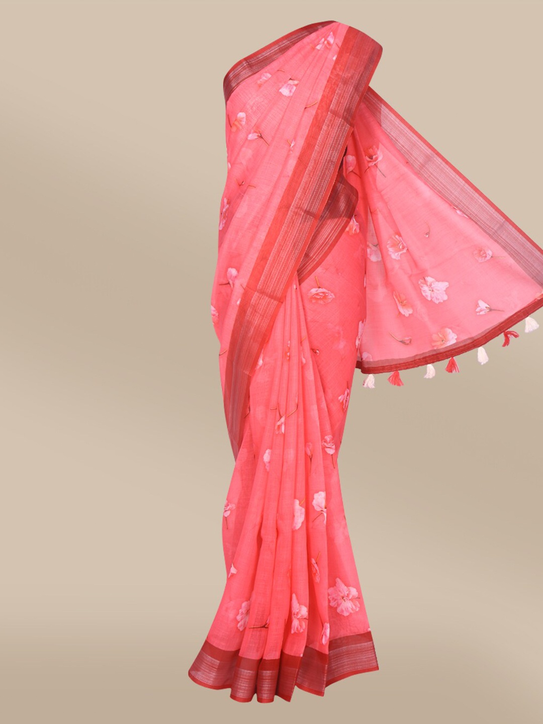 

The Chennai Silks Pink Floral Linen Blend Saree