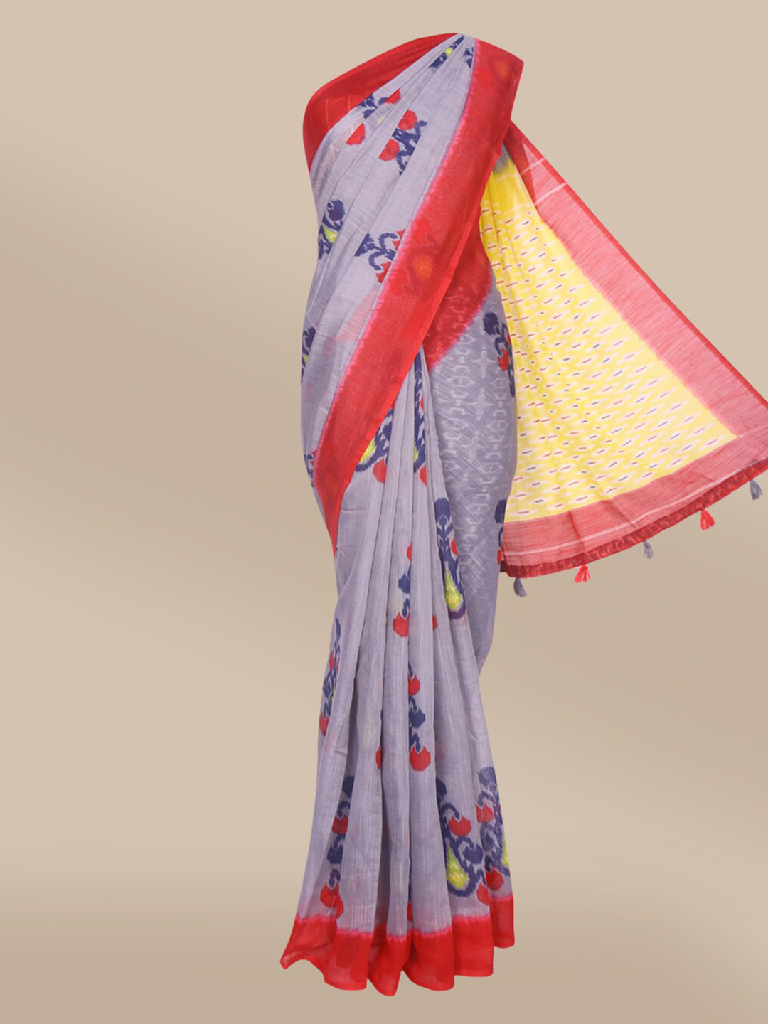 

The Chennai Silks Grey & Red Floral Printed Bhagalpuri Saree