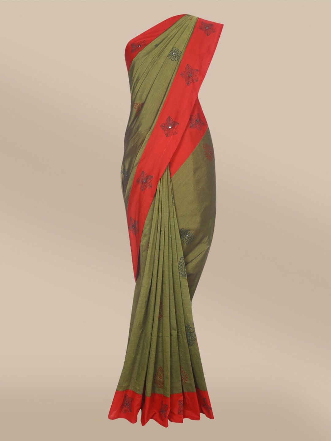 

The Chennai Silks Green & Red Floral Mirror Work Saree