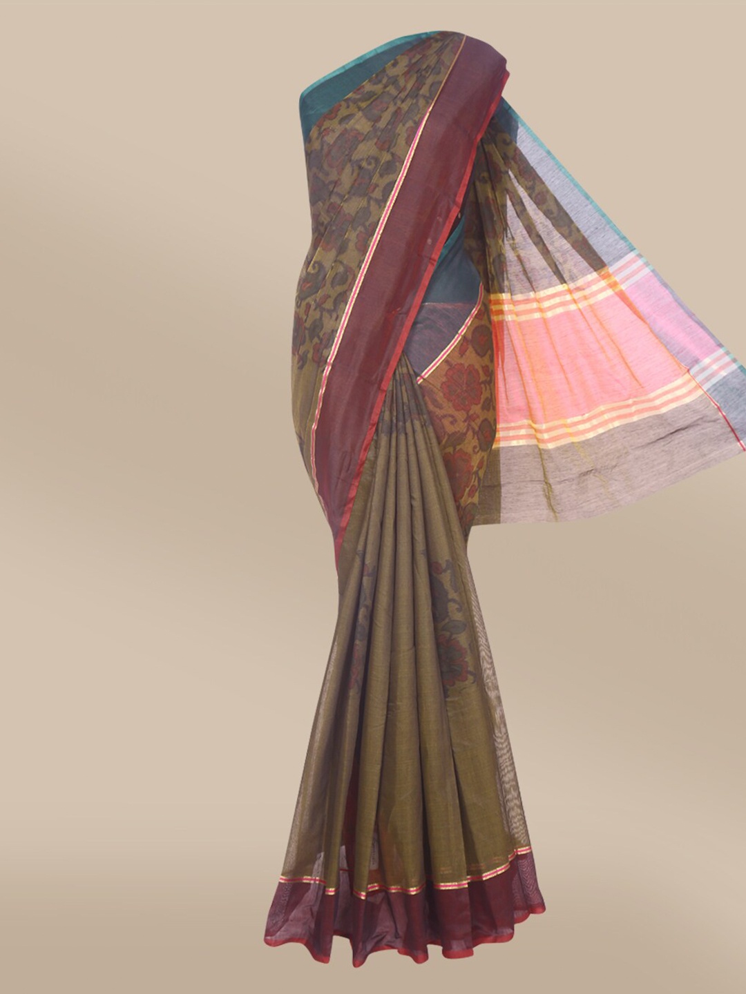 

The Chennai Silks Green & Violet Floral Pure Cotton Chanderi Saree