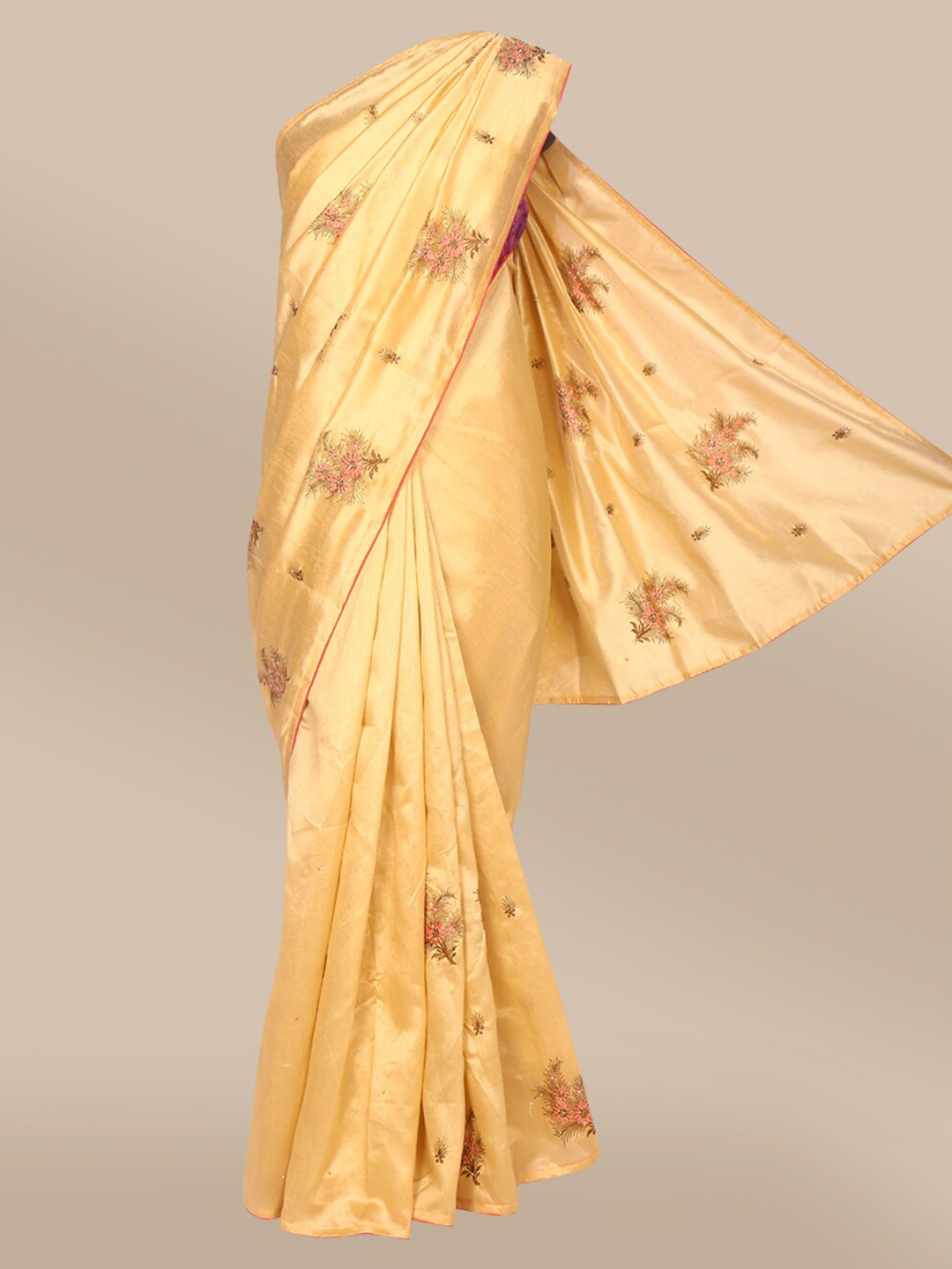 

The Chennai Silks Beige & Olive Green Floral Embroidered Fusion Saree