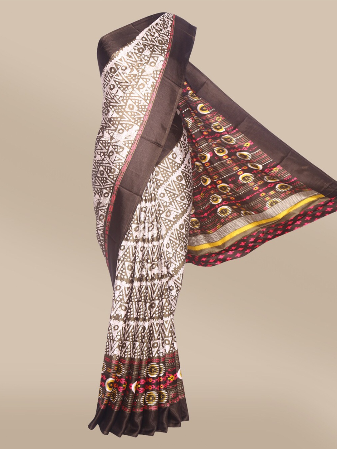 

The Chennai Silks Olive Green & Cream-Coloured Ethnic Motifs Satin Fusion Saree